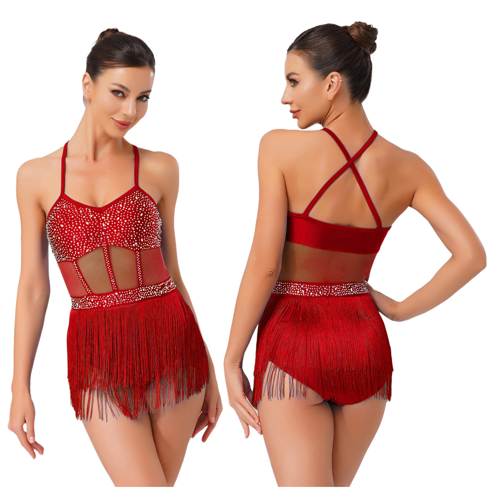 Justaucorps de danse latine pour femme avec franges, maille transparente et strass, une pièce, pour performance de patinage, Cha-cha, Samba, Tango
