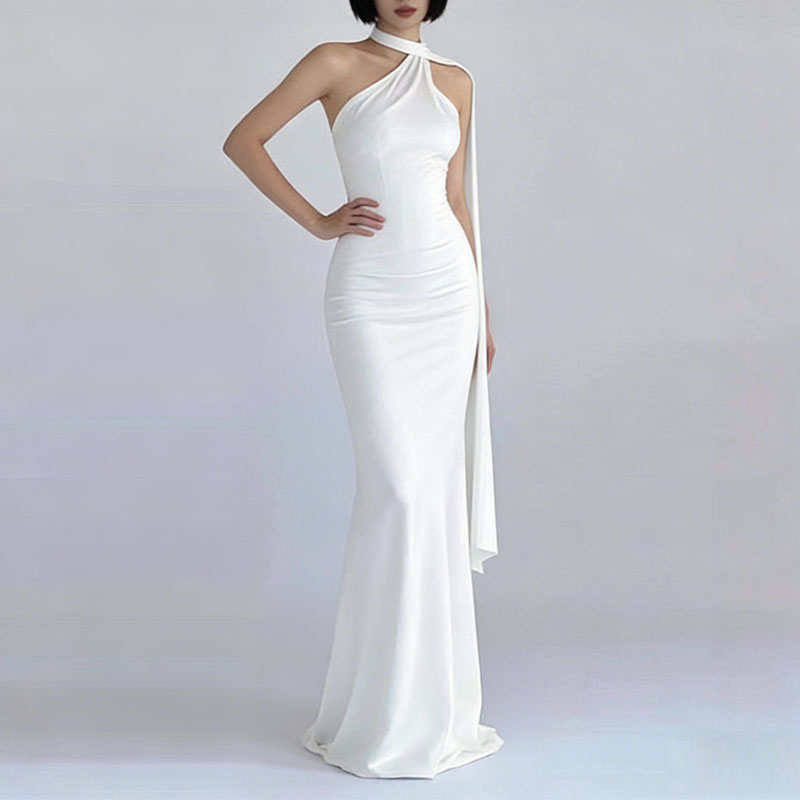 Robe de soirée sexy à épaules dénudées avec ruban, nouvelle collection printemps, couleur unie, taille haute, amincissante, pour banquets et soirées, élégante pour femme