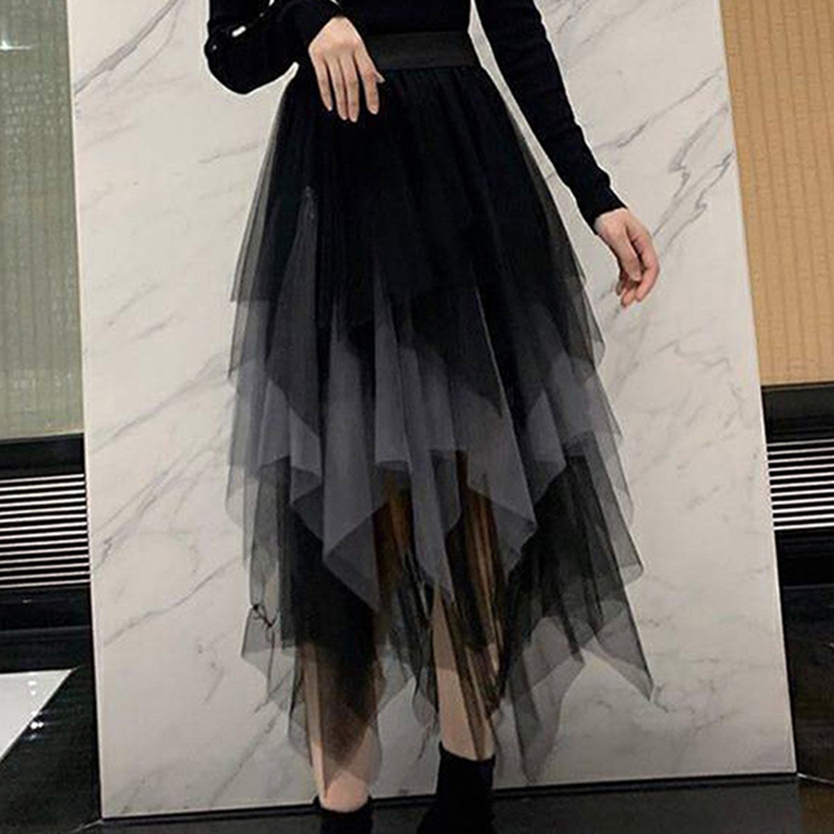 Jupe midi d'automne élégante pour femmes, jupe en tulle à taille élastique adaptée à la fête de rue