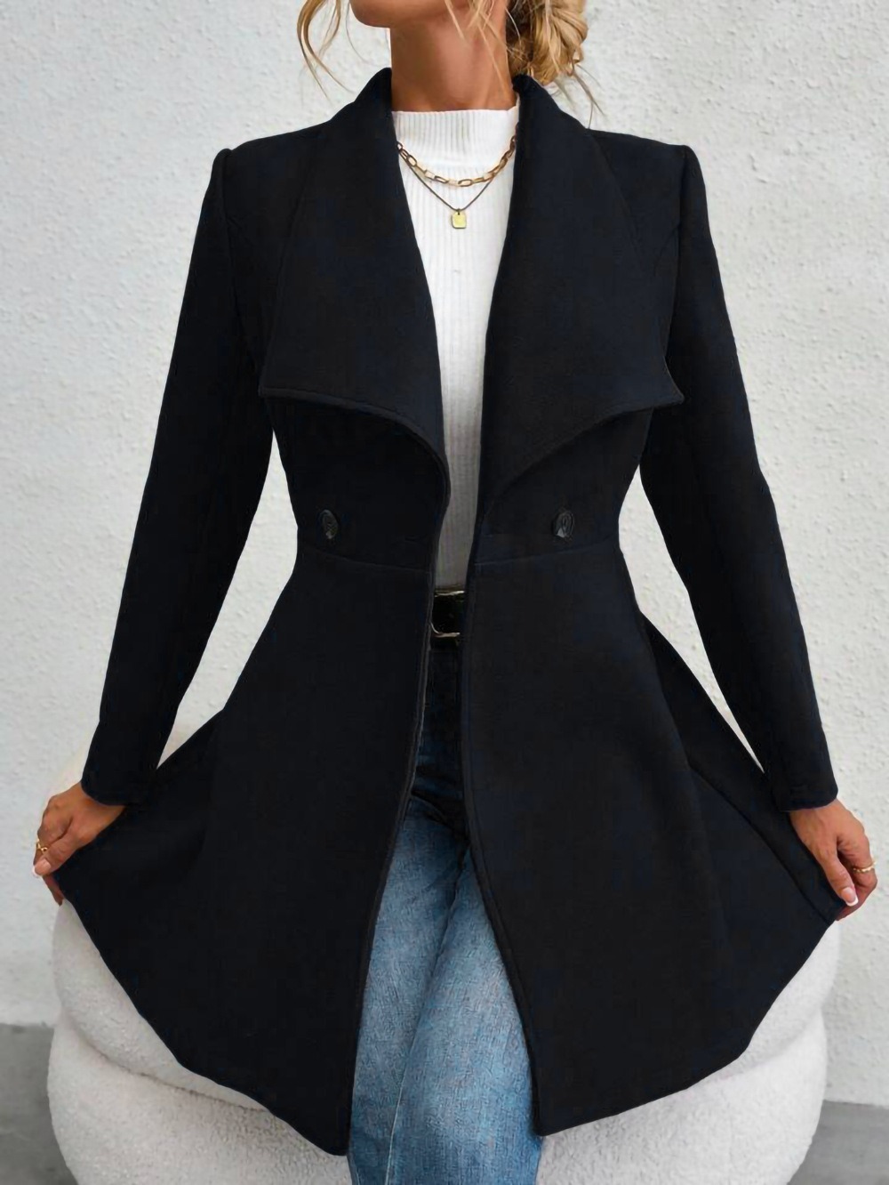 Manteau en laine jaune élégant pour femme, automne-hiver, col à revers, double boutonnage, coupe ajustée, longueur mi-longue, décontracté, manches longues, vêtement d'extérieur F