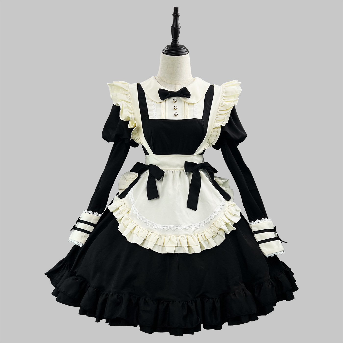 Tenue de demoiselle d'honneur en dentelle de style japonais, costume de serveuse mignon et doux pour café, costumes d'Halloween pour femme, robe gothique lolita de couleur noire
