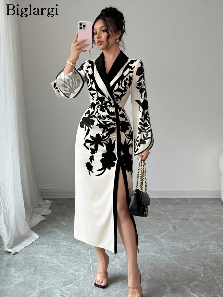 Robe d'automne femmes fleur florale élégante mode taille mince dames robes fendu Sexy moulante femme robe mi-longue