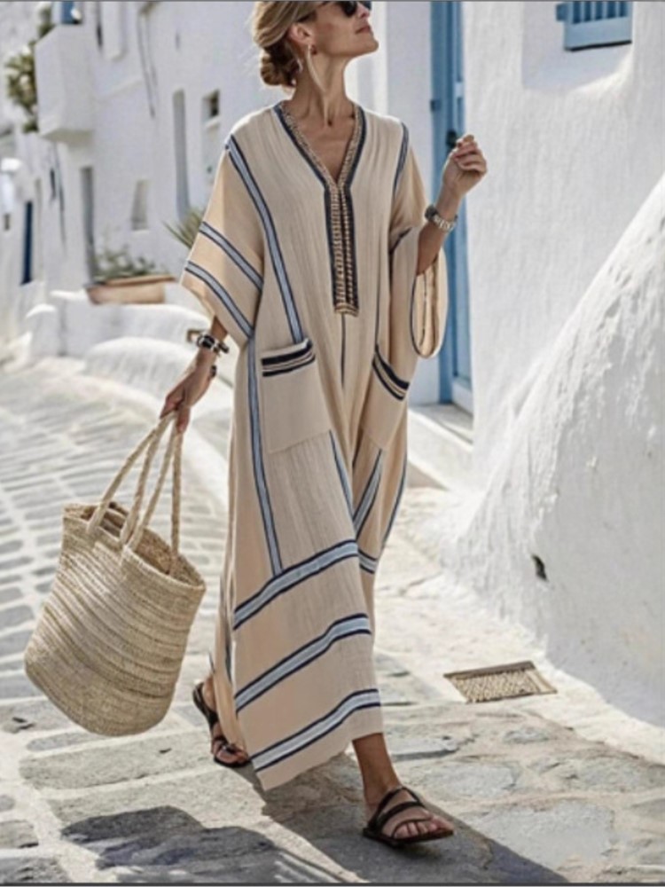 Robe grande taille pour femmes, style bohème, rayée, extra longue, col en V, robe ample, été, lin, plage, vacances, quotidien, décontractée, trajets quotidiens, vestidos