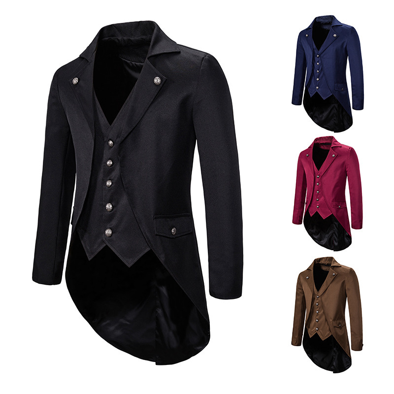 Costume de soirée vintage pour homme, veste de smoking, cosplay, costume de fête, faux deux queues-de-pie, vêtements d'Halloween, hauts, queue d'aronde, uniforme formel