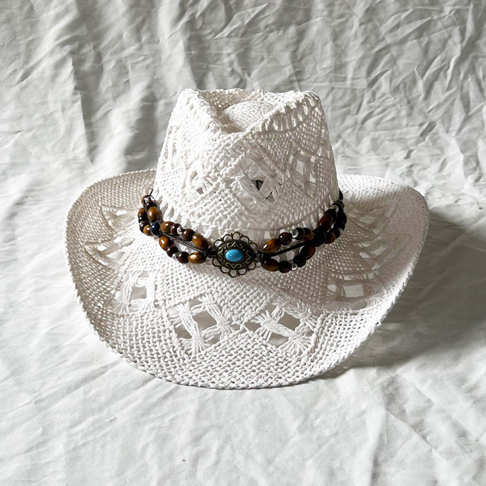 Chapeau de paille bohème Vintage pour femmes et hommes, chapeaux de Cowboy occidentaux, perles en bois, chapeau de soleil ajouré, casquette de vacances, été