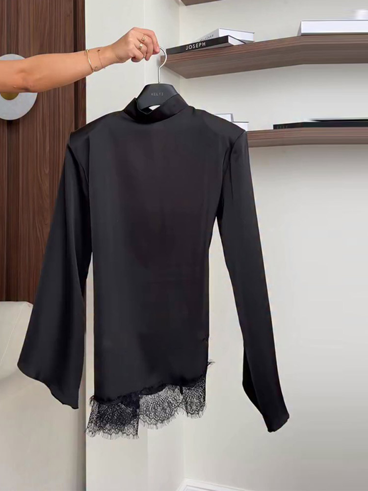 Chemisier Chic et Décontracté pour Femme, Col Montant, Manches Longues, Ourlet Asymétrique, Patchwork Dentelle, Couleur Unie, Collection Printemps 2026