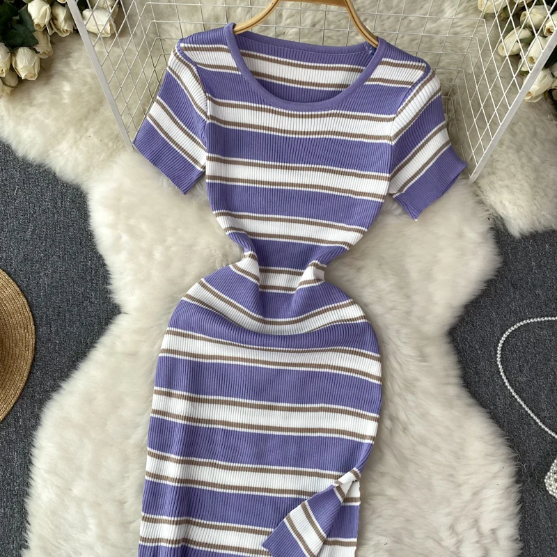 Robe mi-longue patchwork à manches courtes pour femmes, pull taille haute, robe décontractée élastique, robe sexy, vêtements de batterie con