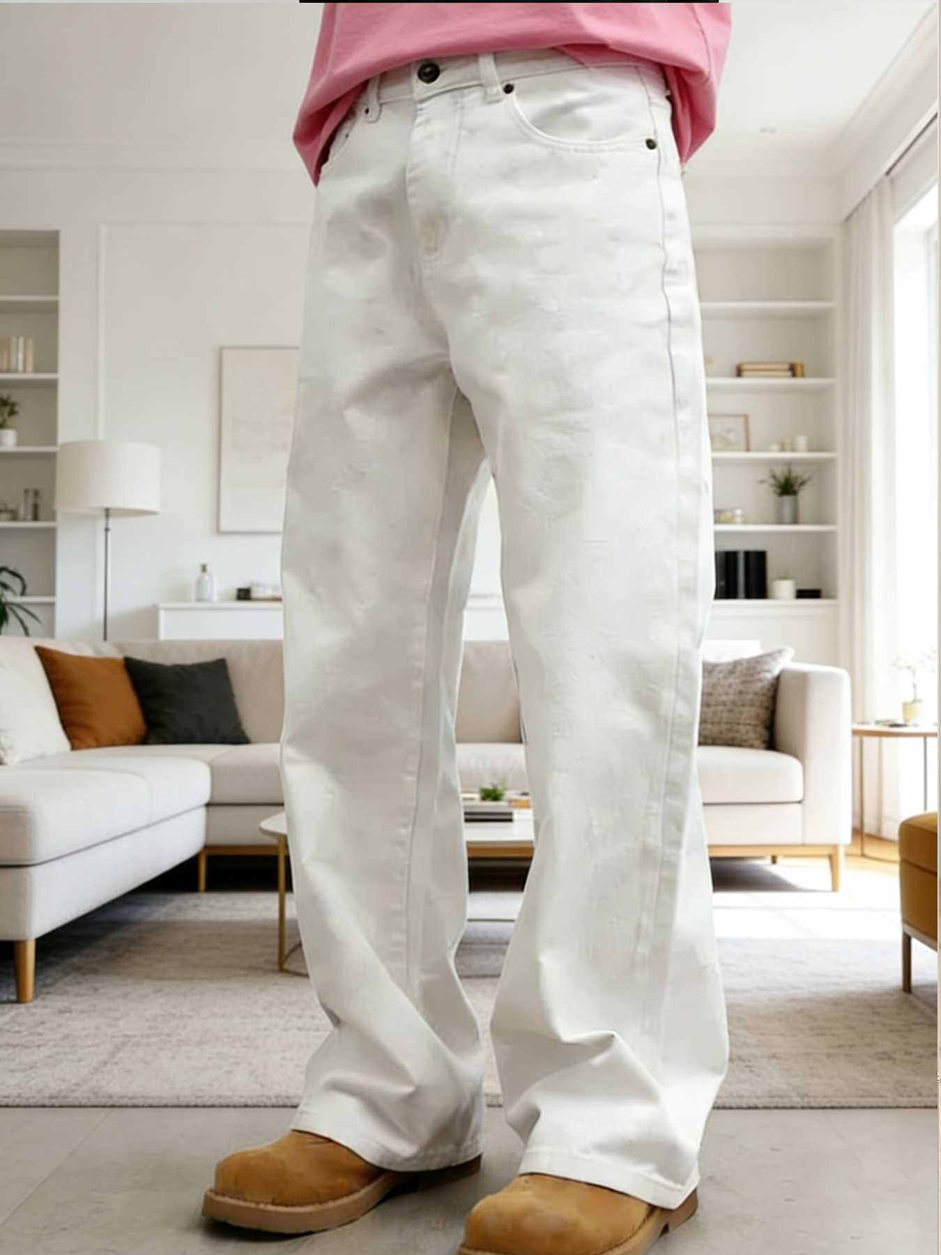 Jeans pour hommes de couleur blanc pur, style ample et large qui flattere les jambes, sensation haut de gamme