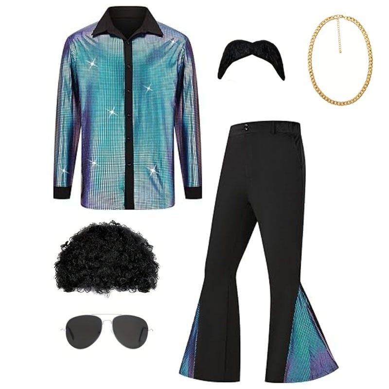 Costume d'halloween Hippie des années 70, pantalon à paillettes, chemise, hauts, bas de cloche, pantalon évasé pour hommes, tenue brillante de danse de chanteur Disco, nouvelle collection 2025