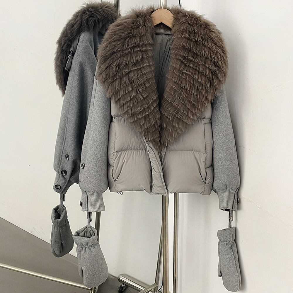 Doudoune d'hiver pour femme, chaude et épaisse, en duvet de canard, avec doublure rembourrée, coutures contrastées et col en fourrure véritable