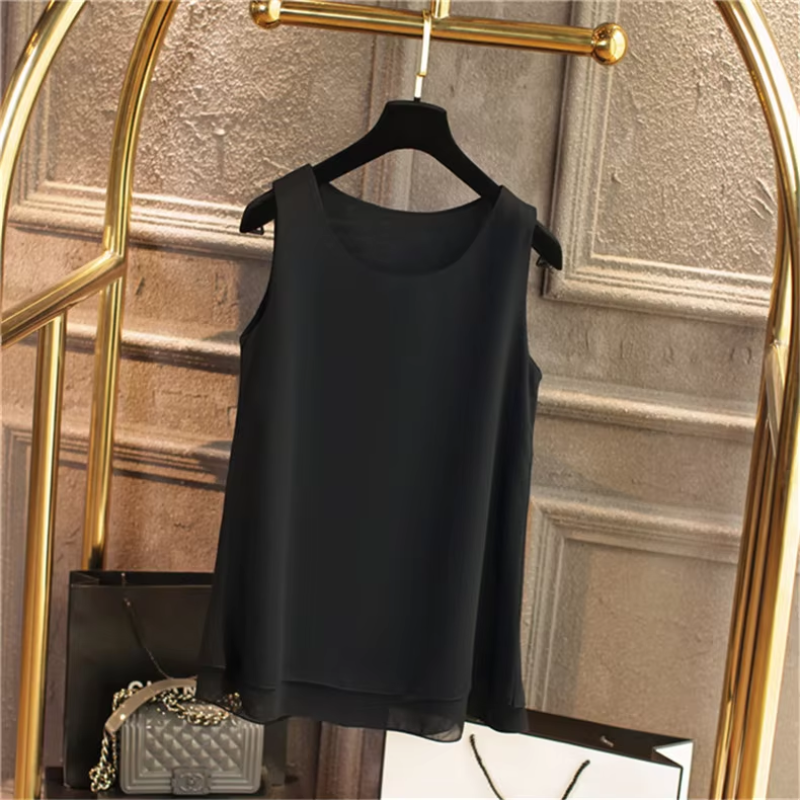 Débardeur Femme Blanc Bleu Rouge en Chiffon – Hauts d'Été Sans Manches Col Rond – Chemises et Gilets pour le Bureau – Vêtements Tendance Féminins