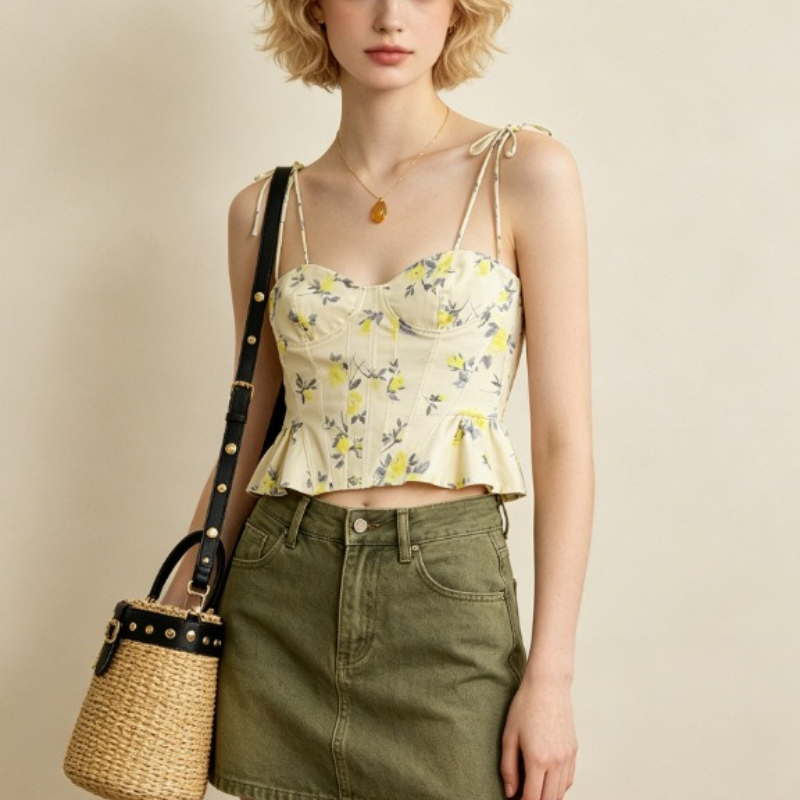 Haut court pour femme à imprimé floral, style français, col en V, sexy, à fines bretelles, dos nu, coupe ajustée, avec volants, pour l'été