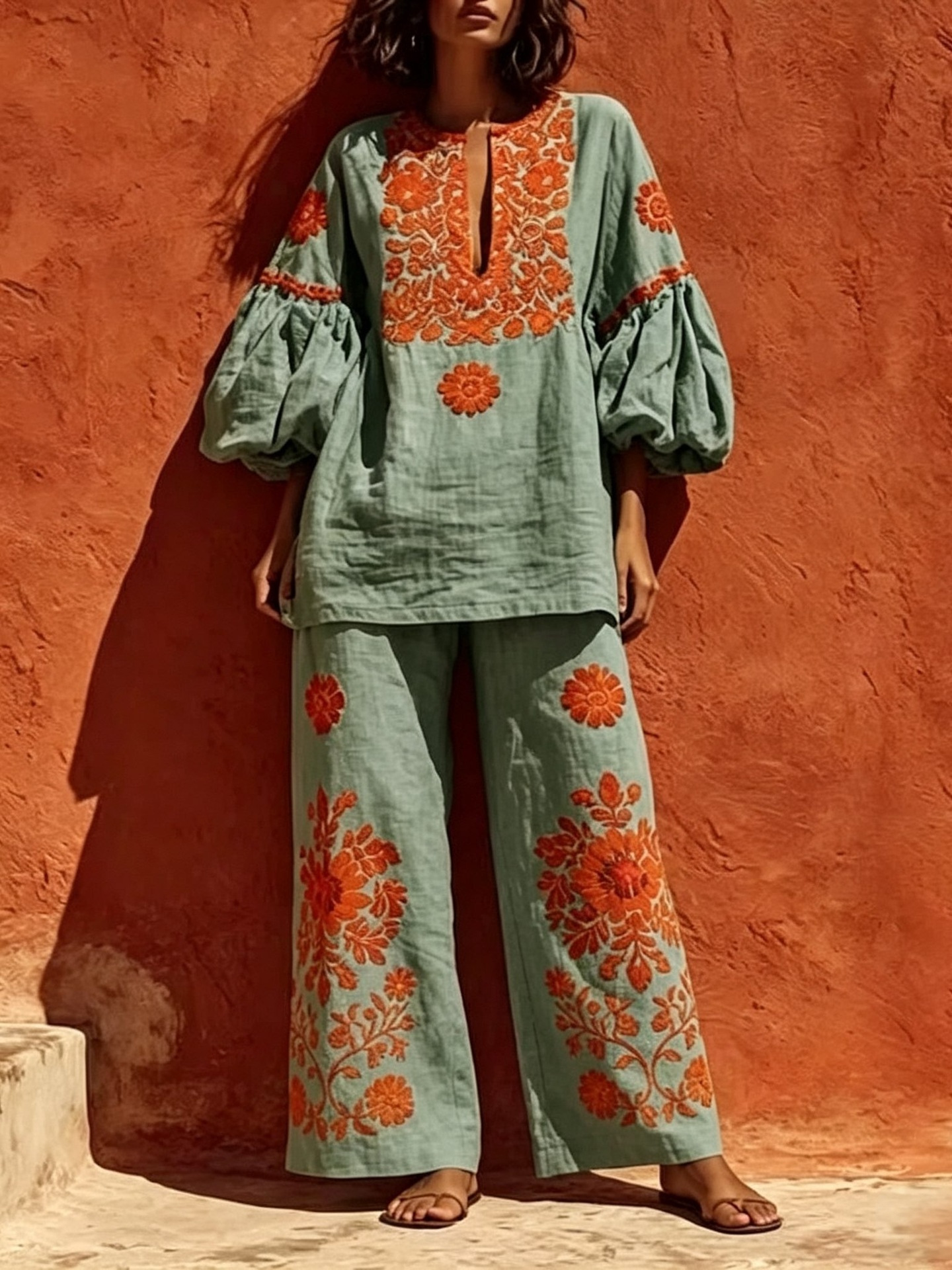 Ensemble 2 pièces bohème en lin pour femmes, imprimé floral, chemisier à manches lanternes et col rond, pantalon large, ensemble assorti vintage pour vacances et plage