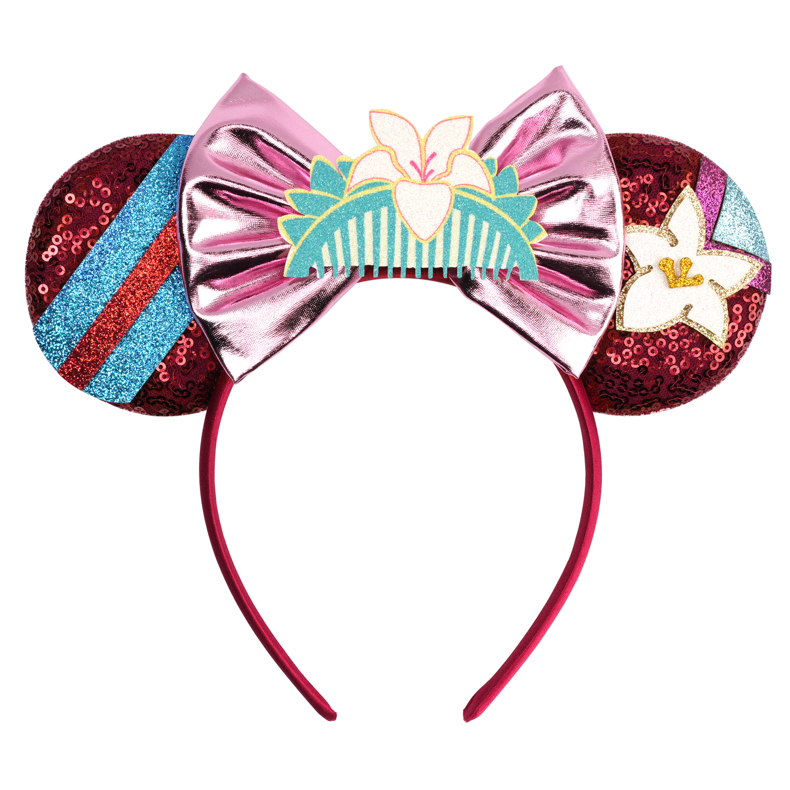 Serre-tête mignon Mulan pour fille, motif dessin animé, avec oreilles, fleur de magnolia, sequins et nœud, accessoires de cheveux pour enfants et femmes, carnaval