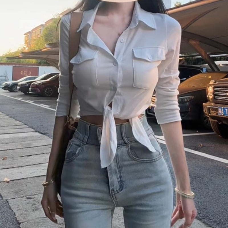 Chemises noires femme élégante mode Streetwear femme mince Blouse printemps été mince Y2K décontracté bureau dames Sexy hauts blanc