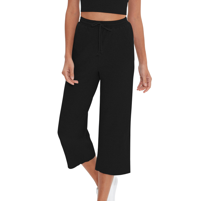 Pantalon décontracté en coton pour femme, pantalon de survêtement élastique, taille haute, jambe large, FJWith Pockets, 94% coton