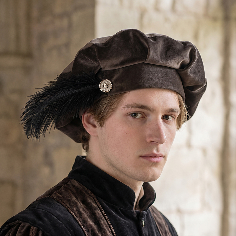 Béret médiéval avec plume, chapeau Tudor, casquette de minstre, casquette de la Renaissance Elizabethaine, bonnet royal victorien, costume de cosplay