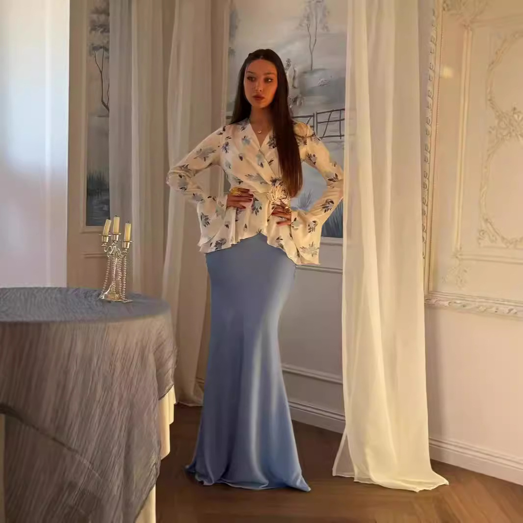 Femmes 2 pièces Ensemble musulman Blouse jupe fleur imprimé haut marocain dubaï Islam tenues 2025 arabe élégant Ensemble jupes longues costume