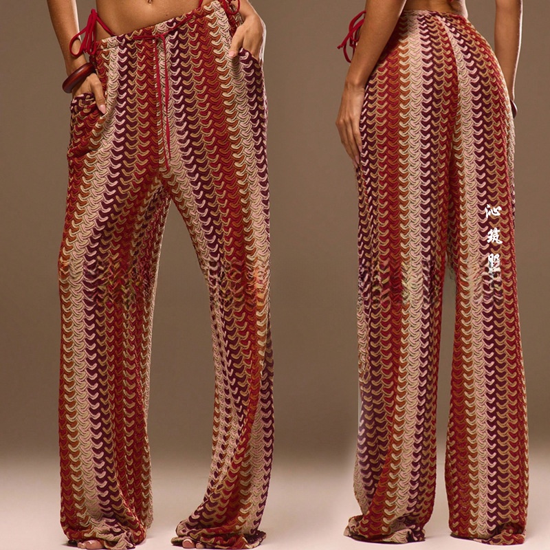 Pantalon de plage coloré à motif tissé ultra long pour femme, style sexy, motif filet, parfait pour les tenues de plage