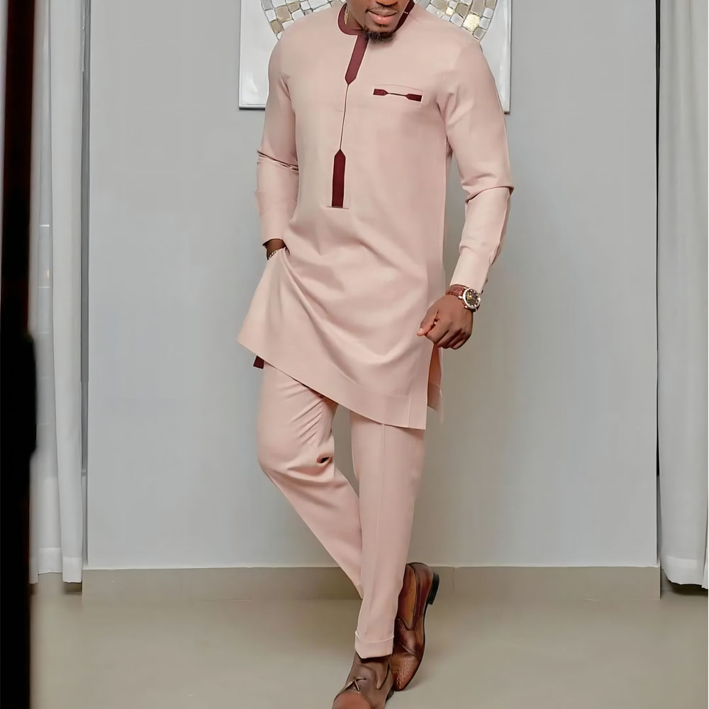 Ensemble Kaftan pour homme, costume Kaunda, haut à col rond à manches longues, pantalon, tenue traditionnelle africaine pour homme, ensemble de vêtements 2 pièces, ensembles de mariage, décontracté