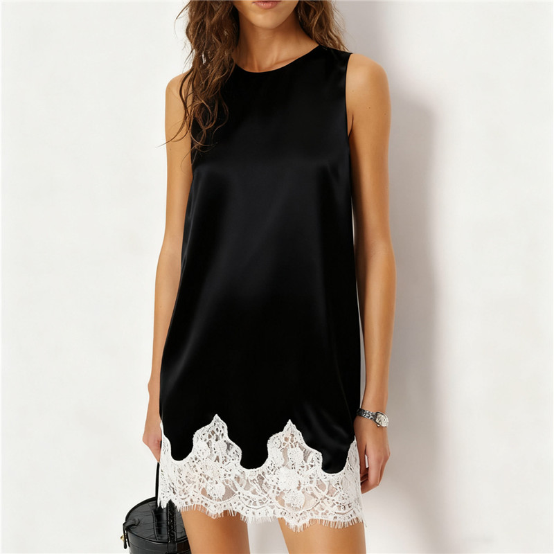 Robe en dentelle de soie pour femmes, robe décontractée en satin, robe ample sans manches, col rond, haut long et fluide, robe élégante pour femmes, mini-robe