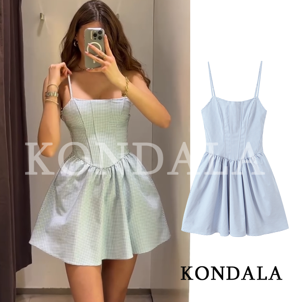 KONDALA Robe Courte Corset à Carreaux Tendance pour Femme, Nouvelle Collection 2026, Élégante et Mignonne, Style Bretelles Slim, Idéale pour l'Été et les Fêtes