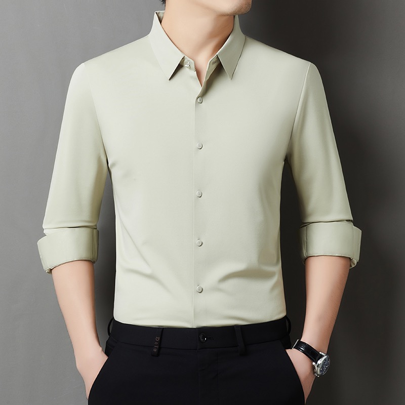 Chemise d'affaires homme 2026 nouvelle collection en mélange de soie, chemise formelle ajustée à col montant en soie, chemise habillée de luxe unie pour homme