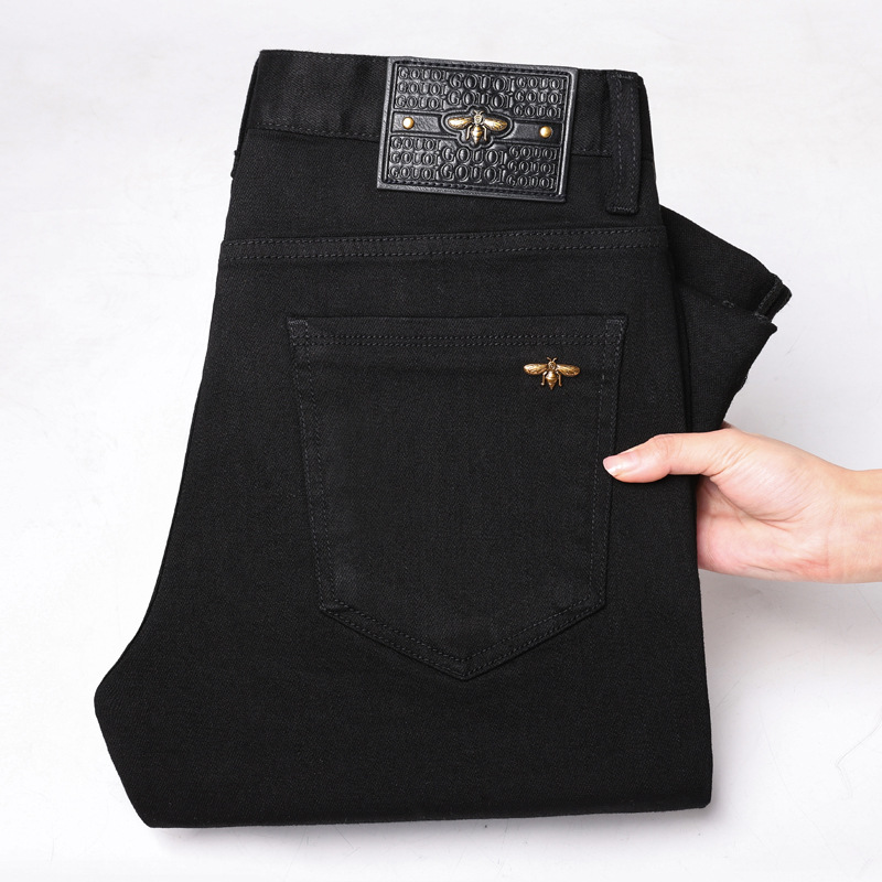 Jean noir pur pour hommes, pantalon long en denim simple, à la mode, de luxe léger, tendance, extensible, coupe slim, haut de gamme et polyvalent