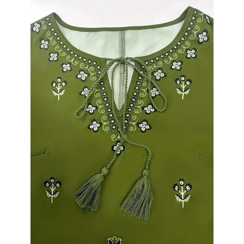Ensemble Salwar Chic Bohème 2 Pièces, Imprimé Ethnique, Léger et Non Transparent, Mode Ramadan avec Poignets et Ourlet Évasés pour Femme, Idéal pour l'Extérieur