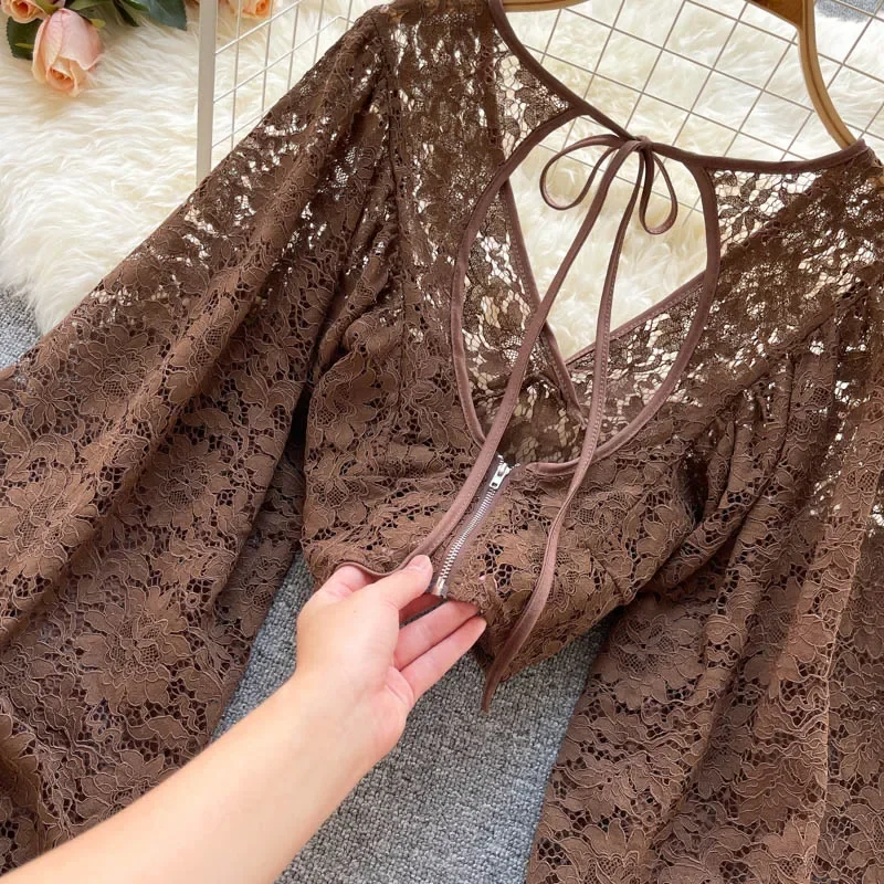 Frenchic-Chemisier en dentelle au crochet pour femme, col en Y transparent, manches lanterne, dos nu, à lacets, chemisier élégant pour femme, livraison directe, sexy