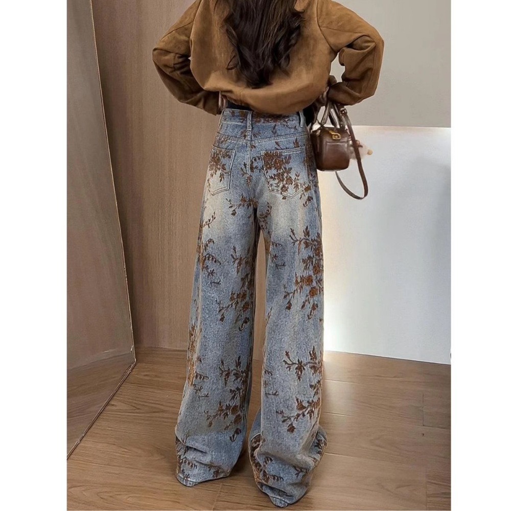 Jean large en jacquard floqué pour femme - Nouvelle collection hiver 2025, taille haute, amincissant, coupe droite