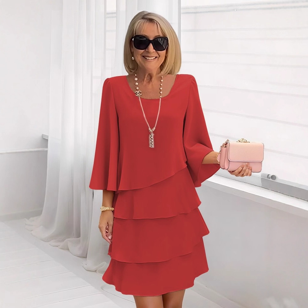 Robe mi-longue à volants pour femmes, décontractée, mode d'été, couleur unie, col rond, élégante, 2025