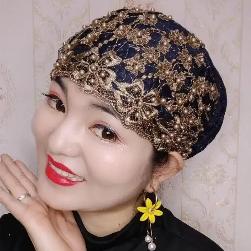 Dames personnalité ethnique perlé chapeau gaze écharpe foulard nouvelle mode foulard pull chapeau dames Baotou chapeau T003