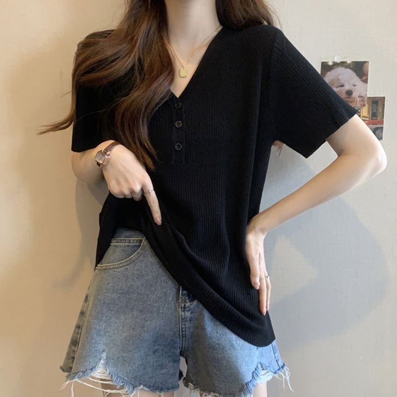 T-shirt d'été pour femmes grandes tailles, nouvelle arrivée, couleur unie, coupe ample, amincissant, cache les imperfections, col en V, manches courtes, confortable