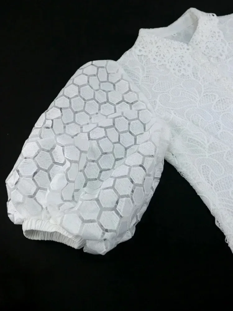 Robes mi-longues en dentelle blanche pour femmes, col rabattu, manches bouffantes, ourlet plissé, vêtements de luxe, élégantes, invités de mariage, occasion