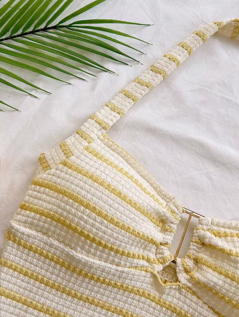 Ensemble haut et short en maille texturée d'été pour femme, haut dos nu sans manches à rayures, tenue deux pièces pour vacances à la plage