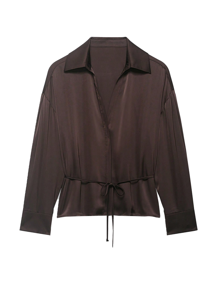 Chemisier en satin chic pour femme avec ceinture, manches longues, col à revers, chemise élégante, haut tendance
