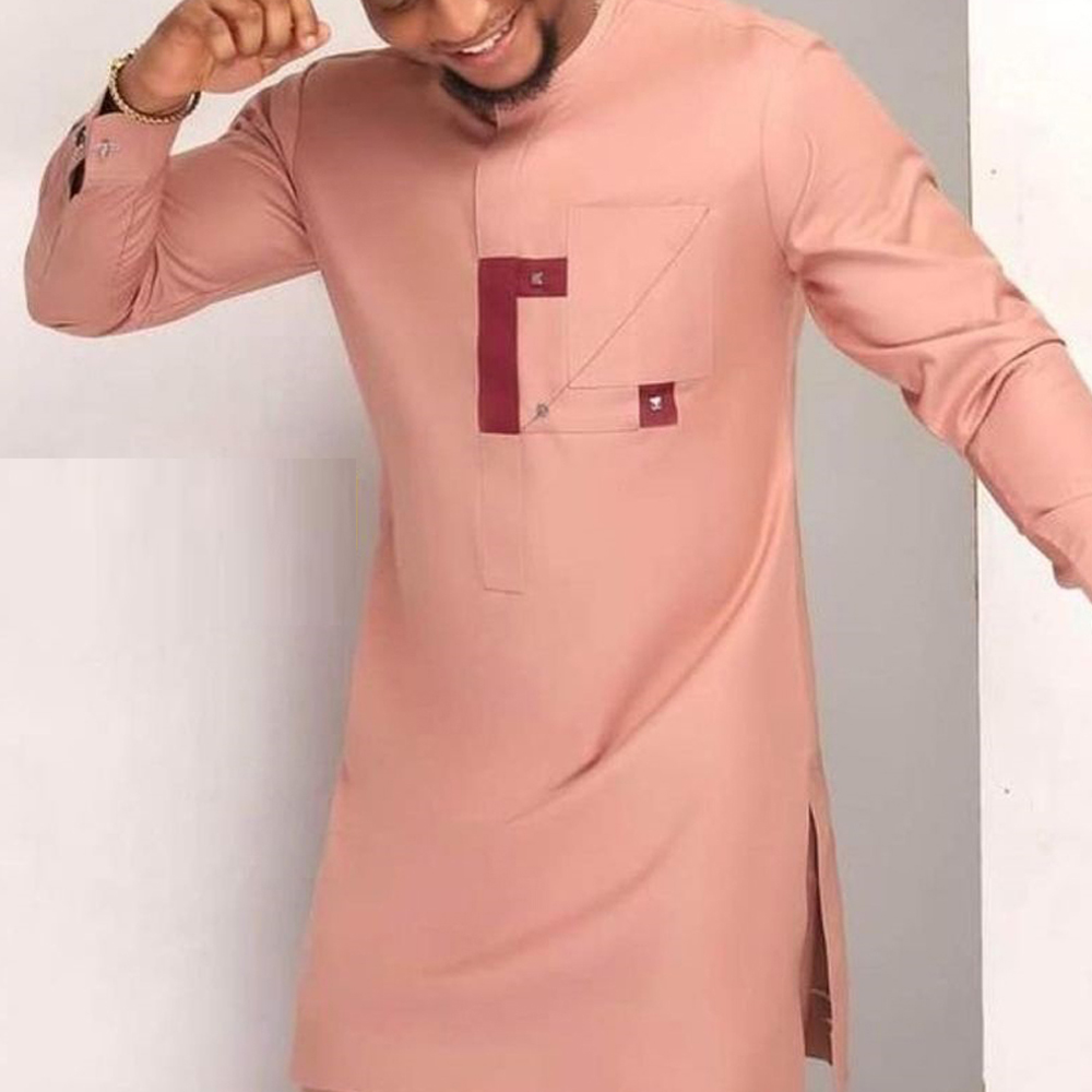 Kaftan de Mariage Rose avec Poches Trempées pour Homme, Pantalon en Y, Vêtements Ethniques Africains, Tenues Taditionnelles, Costumes à la Mode, Ensemble de 2 Pièces