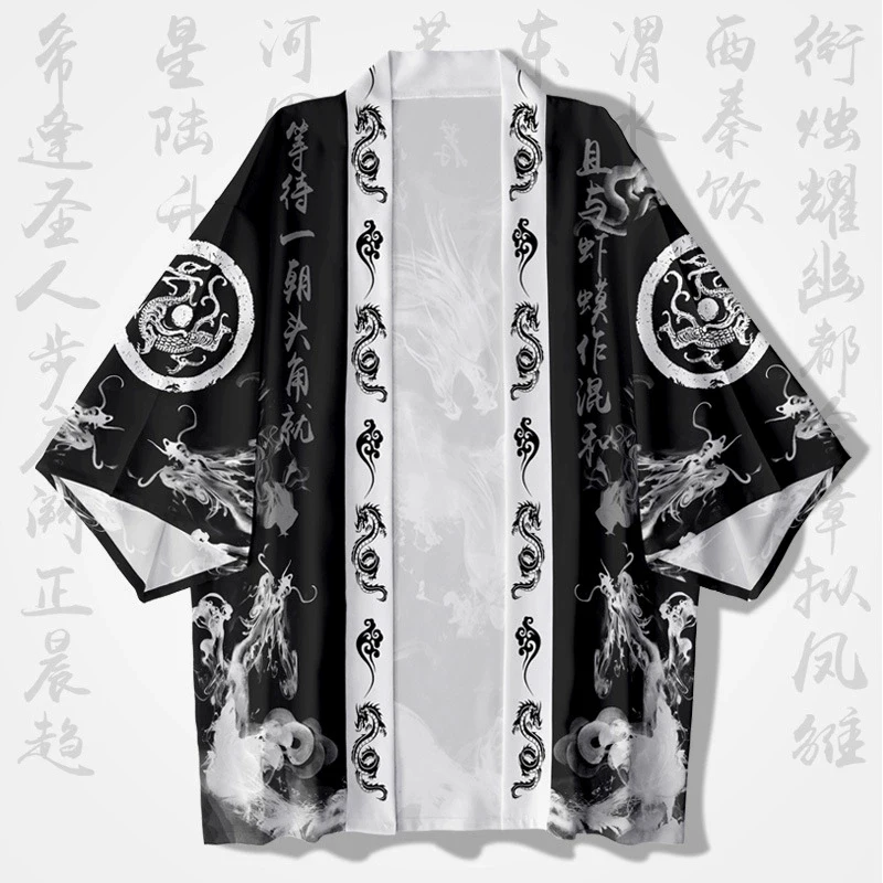 Kimono japonais pour femmes, vêtements traditionnels japonais, imprimé Dragon à l'encre, Cardigan d'été de haute qualité, demi-manches, ample et confortable