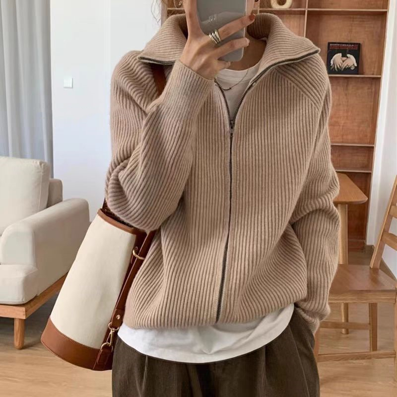 Cardigan ouvert Chic pour femmes, fermeture éclair Unique, tricoté, ample, pour automne hiver, Style coréen, offre spéciale, col rabattu, Simple, solide