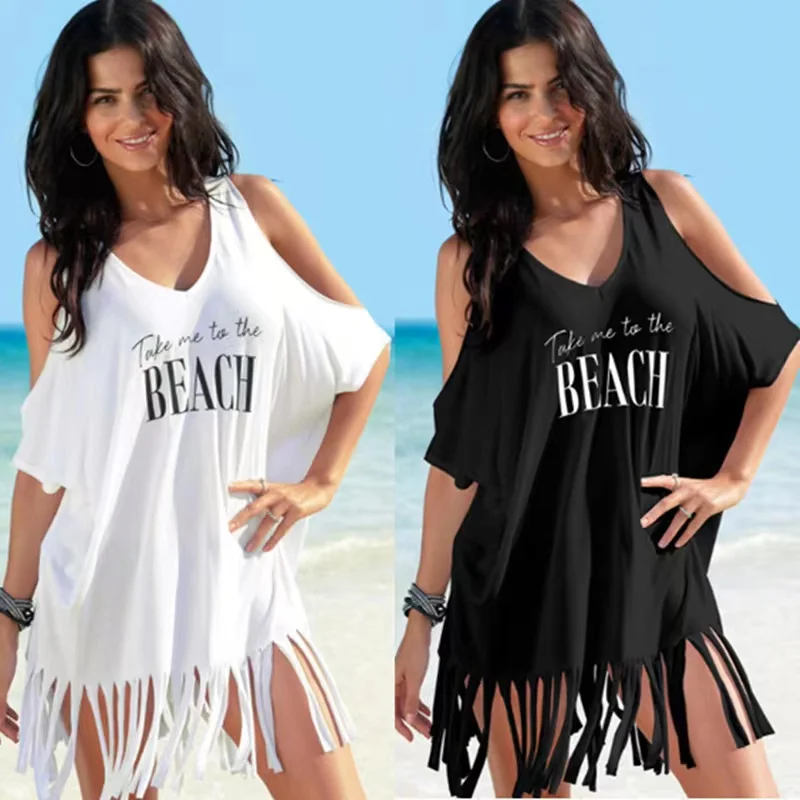 Été plage Bikini couvrir femmes blanc épaules dénudées Kafan Sarong hauts amples décontracté chemise à franges maillots de bain maillots de bain