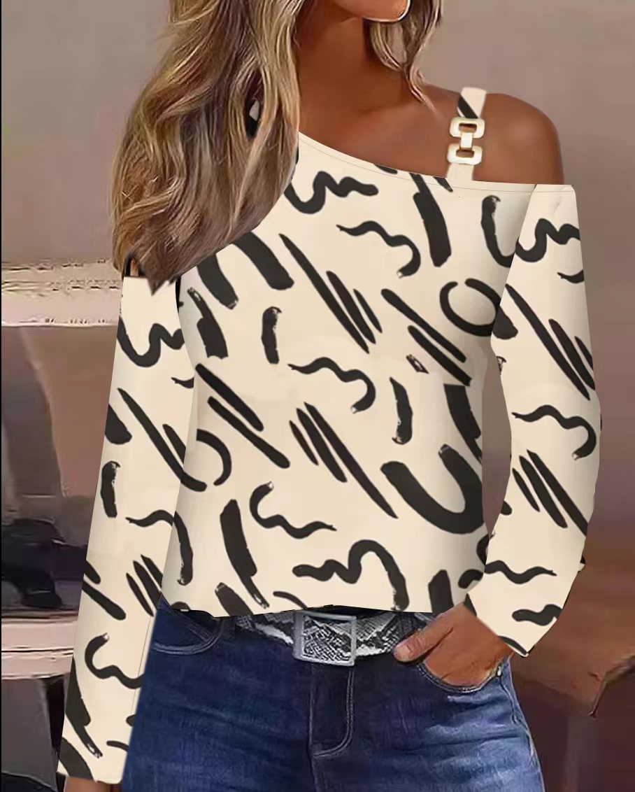 Chemise élégante pour femmes, sexy, ample, printemps-hiver 2026, épaule dénudée, découpe, chaîne suspendue au cou, imprimé, bouton, haut tendance pour femmes