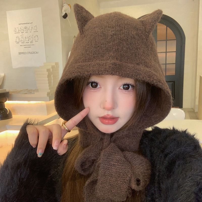 Chapeaux de cagoule en laine mélangée pour femmes, bonnets Show Face, petit design d'oreille de chat mignon, bonnet chaud pour la protection des oreilles, nouveau, hiver