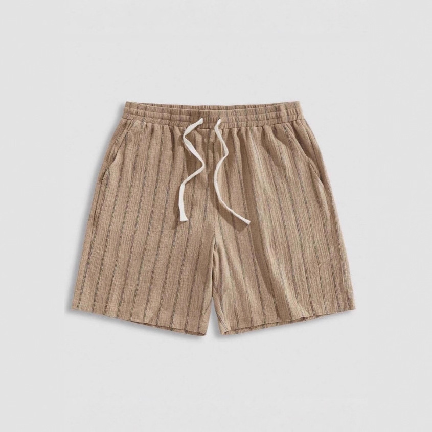 Shorts de plage décontractés en coton et lin pour hommes, taille élastique avec cordon, rayures, nouveau style été, coupe droite, non extensibles