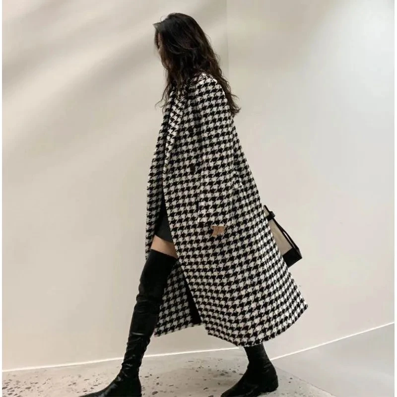 Femmes automne hiver manteau en laine 2025 nouvelles femmes Double boutonnage manteau coréen pied-de-poule mi-long manteau en laine dame veste d'hiver