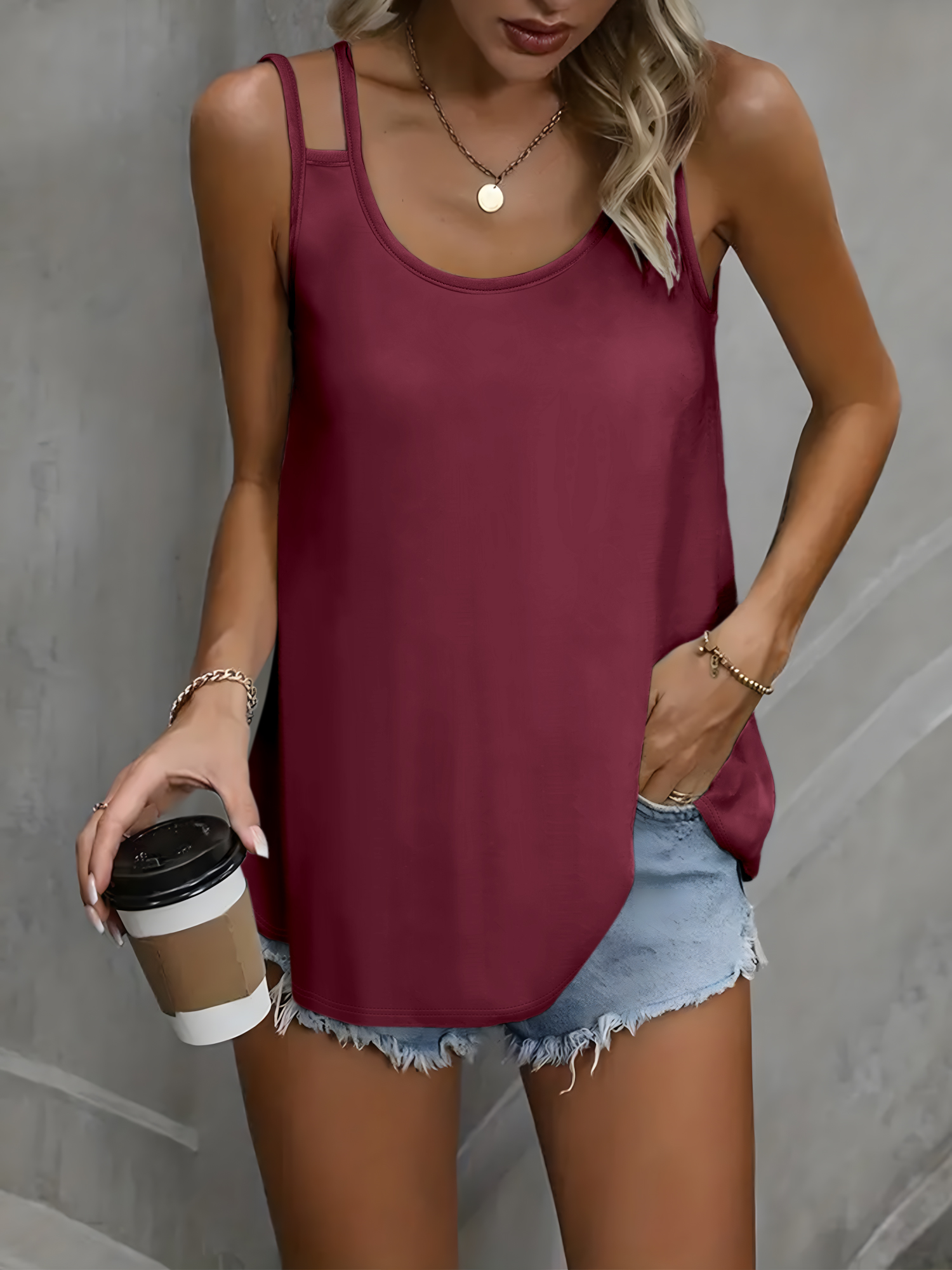 Camisole minimaliste à Double sangle, conception à col en v ajustée, tissu respirant en soie fraîche, couche extérieure d'été fraîche sans manches, tout-S