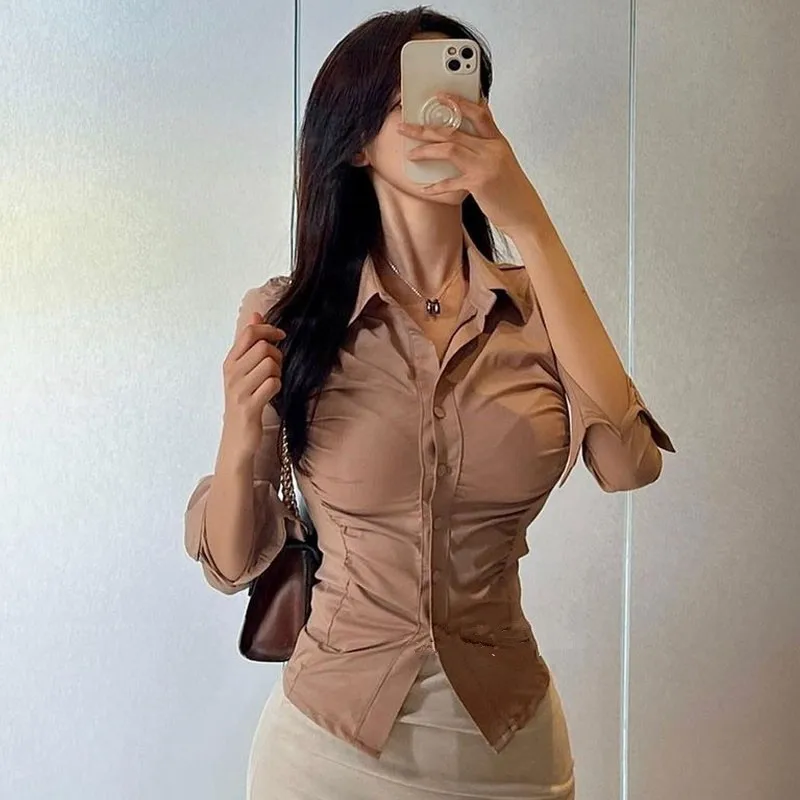 Chemise blanche moulante à manches longues pour femmes, chemisier, haut, fouet, niche, sexy, mince, mode coréenne, chaud, vêtements pour filles