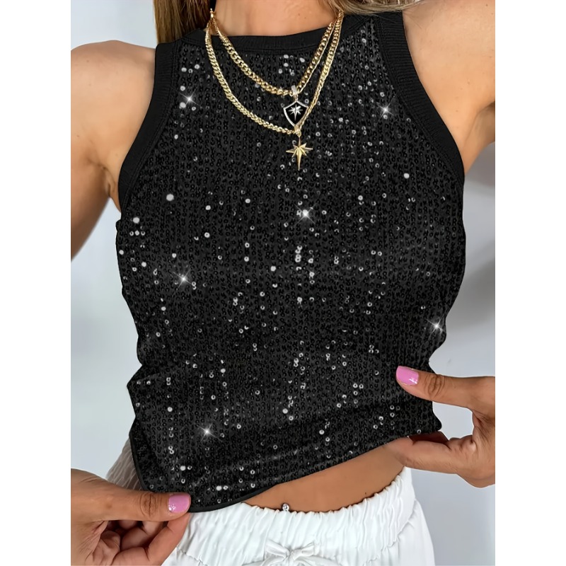 Grande taille 1XL-5XL femmes mode paillettes sans manches débardeur débardeurs dames décontracté col rond été gilet débardeur