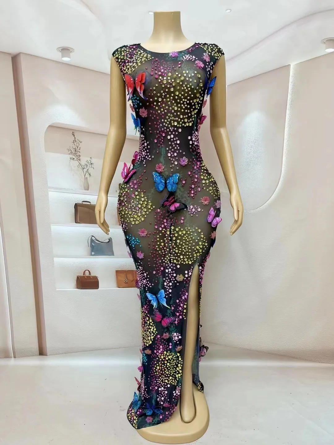 Robe de soirée d'anniversaire pour femmes, tapis rouge, Costume de séance photo, Sexy, scène brillante, strass colorés, papillons, maille