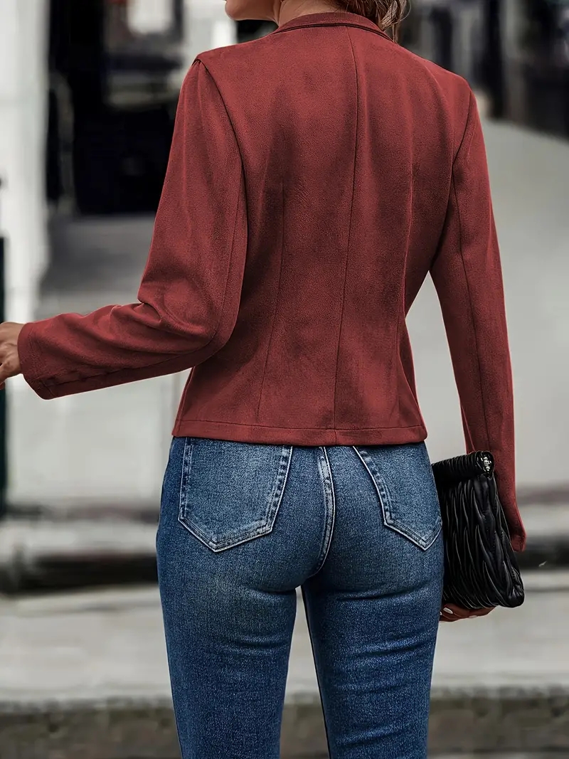 Veste courte en daim pour femme, col montant, ouverte sur le devant, avec détail plissé, pour l'automne et l'hiver, style décontracté